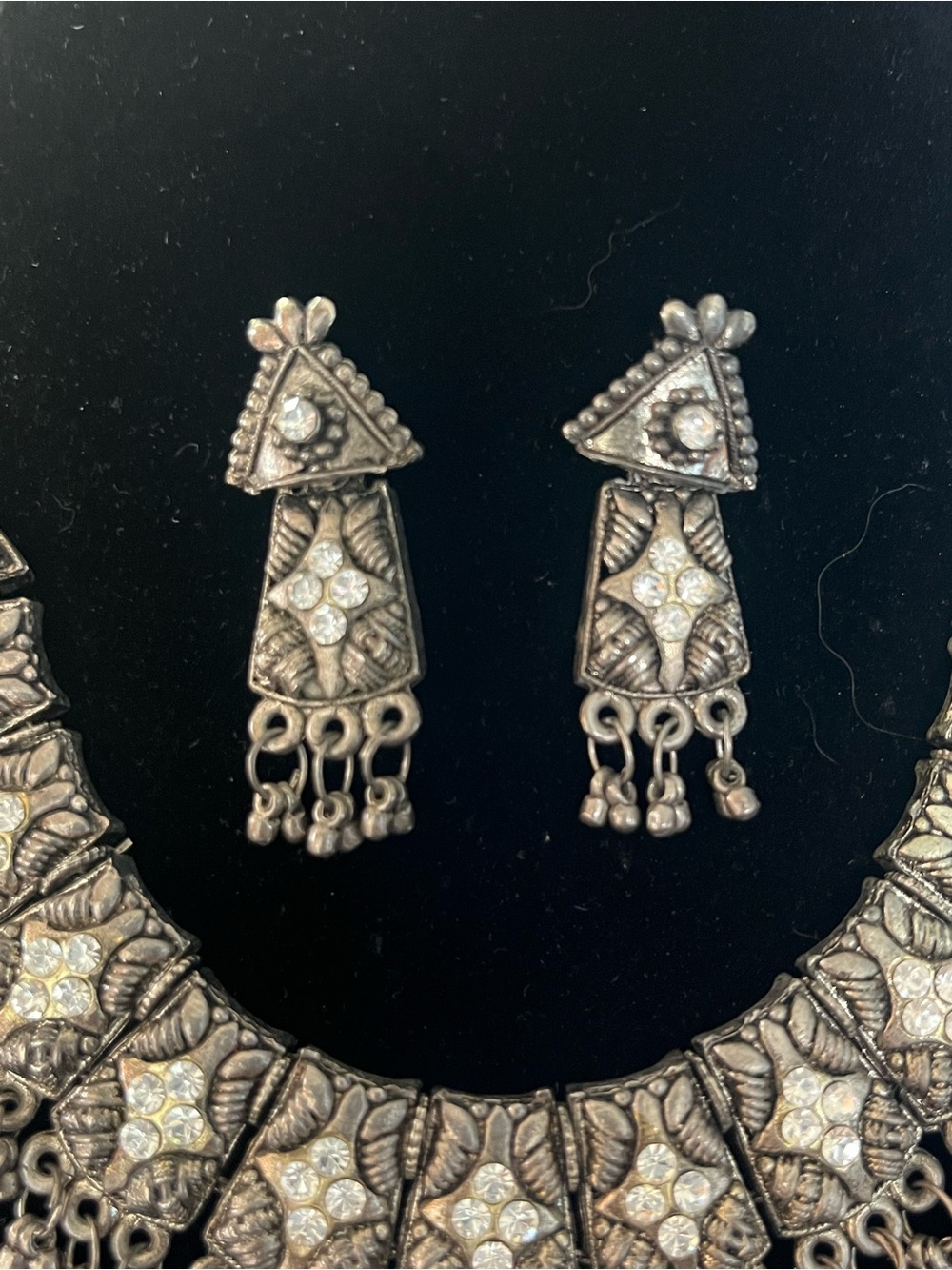Oxidized Silver Necklace Set Intricate Geometric Patterns & Rhinestones - Picture 5 of 15